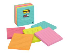 Post-it® Super Sticky Notes 675-6SSMIA, 4 in x 4 in (101 mm x 101 mm), Supernova Neons, 6 Pads/Pack, 90 Sheets/Pad, Lined