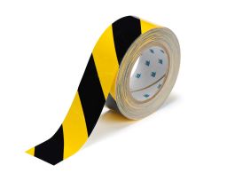 ToughStripe® Floor Marking Tape Roll -  Polyester, Diagonal Stripes, Black on Yellow, 2" x 100'