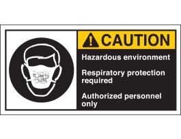 HAZARDOUS ENVIRONMENT RESPIRATORY PROTECTION REQUIRED AUTHORIZED PERSONNEL ONLY Labels, 2.5" H x 5" W x 0.006" D, Black/Yellow on White