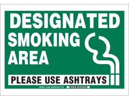 Designated Smoking Area Please Use Ashtrays Sign, 10" H x 14" W x 0.06" D, Black/Green on White