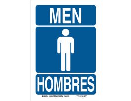 Bilingual Men Sign, 14" H x 10" W x 0.035" D, Blue on White, Aluminum