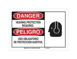 Bilingual DANGER Hearing Protection Required Sign, 10" H x 14" W x 0.035" D, Aluminum