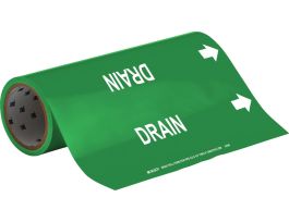 Roll Form Pipe Marker: Drain, 30' H x 12" W, Roll of 30', Fits Pipes, 2.5" Dia. Thru 6" Dia.