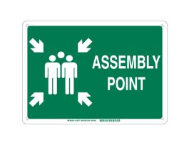 Assembly Point Sign, 18" H x 24" W x 0.06" D, Green on White, Polystyrene, Pictogram w/Arrows and Text