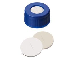 Short Thread Cap, 9 mm, Open Blue Polypropylene, UltraBond Pre-Slit Beige Silicone/White PTFE Septa; 1000/pk