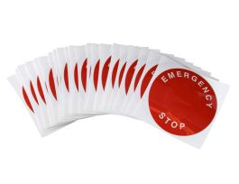 EMERGENCY STOP Raised Panel Labels, 2.36" Dia, White on Red