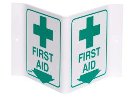 First Aid Sign V-Style, 6" H x 9" W x 4" D, Acrylic