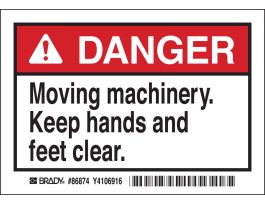 DANGER MOVING MACHINERY. KEEP HANDS AND FEET CLEAR. Labels, 3.5" H x 5" W x 0.006" D, Black/Red on White