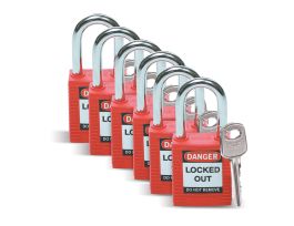 Standard Key Retaining Padlocks Nylon 1.5 in Steel Shackle KD Red 6PK