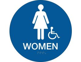 Women Sign, 13" Dia, Plastic, White on Blue