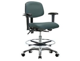 Clean Room ESD Ergonomic Chair, Vinyl, Bench Height, Blue, Adjustable Arms, Chrome Casters, Chrome Foot Ring