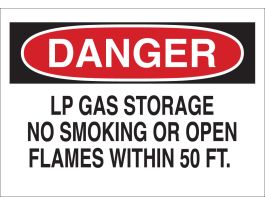 DANGER LP Gas Storage No Smoking Or Open Flames Within 50'. Sign, 10" H x 14" W x 0.035" D, Aluminum