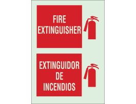 Fire Extinguisher/Extintor De Incendios Sign, 14" H x 10" W x 0.008" D, Red on Glow, Polyester
