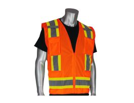Class 2 Solid/Mesh Vest, Zipper, 8 Pockets, Mic Tab, Two Tone Tape