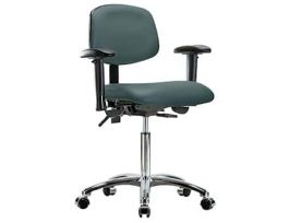 Ergonomic Chair, Vinyl, Bench Height, Blue, Adjustable Arms, Chrome Casters, No Foot Ring