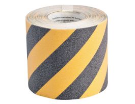 Anti-Skid Tape Roll - Grit-Coated Polyester, Diagonal Stripes, Black on Yellow, 6" x 60'
