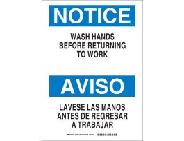 Bilingual NOTICE Wash Hands Before Returning To Work/Lavese Las Man Sign, 35.56" H x 10" W x 0.1" D, Fiberglass