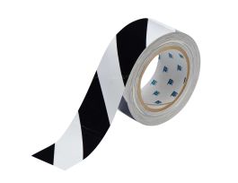ToughStripe® Floor Marking Tape Roll -  Polyester, Diagonal Stripes, Black on White, 2" x 100'