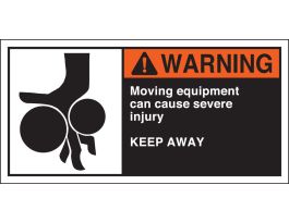 MOVING EQUIPMENT CAN CAUSE SEVERE INJURY KEEP AWAY Labels, 2.5" H x 5" W x 0.006" D, Black/Orange/Red on White