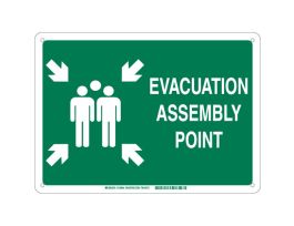 Evacuation Assembly Point Sign, 10" H x 14" W x 0.06" D, Green on White, Polystyrene, Pictogram w/Arrows and Text