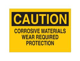 CAUTION Corrosive Materials Wear Required Protection Sign, 10" H x 14" W x 0.06" D, Polystyrene