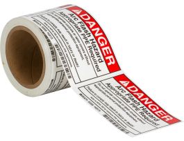 Arc Flash Labels, DANGER - Self-Sticking Polyester, 3.5" H x 5" W x 0.006" D, Roll of 100 Labels, Black/Red on White