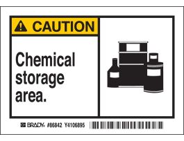 CAUTION Chemical Storage Area. Labels, 3.5" H x 5" W x 0.006" D, Black/Yellow on White