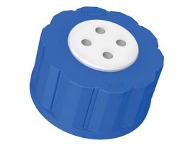 Solvent Bottle Cap, GL45, 4 Luer ports with valve, blue; 1/ea