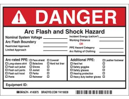 Arc Flash Labels, Arc Flash and Shock Hazard - Adhesive Vinyl, 5" H x 7" W x 0.004" D, Pack of 5 Labels, Black/Red on White