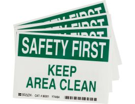 SAFETY FIRST Keep Area Clean (5/Package) Sign, 3.5" H x 5" W x 0.006" D, Polyester