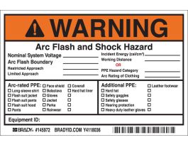 Arc Flash Labels - Adhesive Vinyl, 4" H x 6" W x 0.004" D, Pack of 5 Labels, Black/Orange/Red on White