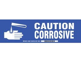 CAUTION CORROSIVE Label, White on Blue 3.5" H x 12" W x 0.006" D
