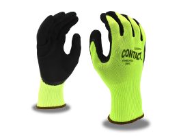 CONTACT™, 13-GAUGE, HI-VIS GREEN NYLON SHELL, BLACK FOAM LATEX PALM COATING