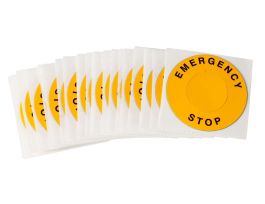 EMERGENCY STOP Labels, 2.36" Dia, Black on Yellow