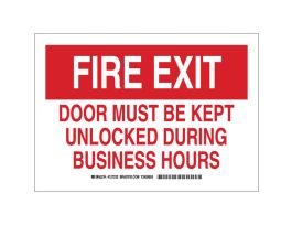 FIRE EXIT Door Must Be Kept Unlocked During Business Hours Sign, 10" H x 14" W x 0.035" D, Red/White, Aluminum