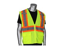 Class 2 Mesh Vest, 6 Pockets, Zipper, Mic Tabs, Two Tone Tape