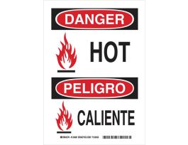 Bilingual DANGER Hot Sign, 14" H x 10" W x 0.035" D, Aluminum, w/Flames Pictogram
