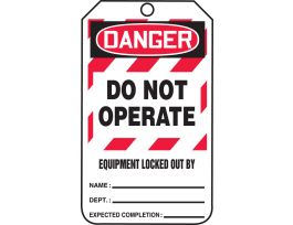 Safety Tags, 5 3/4" x 3 1/4", DANGER DO NOT OPERATE (B0X) EQUIPMENT LOCKED OUT BY, (BACK) THIS ENERGY SOURCE HAS BEEN LOCKED OUT, PF-CARDSTOCK, 25/PK