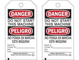 Bilingual Tags DANGER Do Not Start This Machine Polyester 5.75x3 10PK
