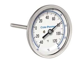 Industrial Bimetal Thermometer, 3 Dial, Back Connect,  9 Stem, -40/120F & -40/50C