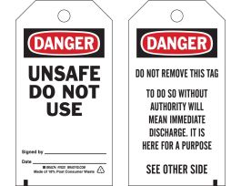 Danger Tag UNSAFE DO NOT USE Polyester 5.75 H x 3 W BK/RD/WH 25/PK