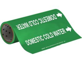 Roll Form Pipe Marker: DOMESTIC COLD WATER, 30' H x 12" W x 30' L, Roll of 30', Fits Pipes, 2.5" Dia. Thru 6" Dia.