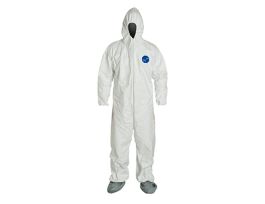 Tyvek® 400 Coverall, Respirator Hood, Elastic Wrists and Waist, Att. Skid-Resistant Boots, Serged Seams, 6/CS, White