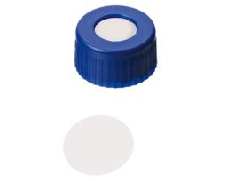 Short Thread Cap, 9mm, Open Blue Polypropylene, PTFE Septa; 1000/pk