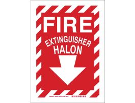 Fire Extinguisher Halon Sign, 14" H x 10" W x 0.035" D, White on Red, Aluminum