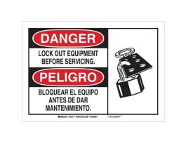 Bilingual DANGER Lock Out Equipment Before Servicing Sign, 7" H x 10" W x 0.006" D, Polyester