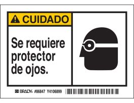 CUIDADO Se requiere protector de ojos. Labels, 3.5" H x 5" W x 0.006" D, Black/Yellow on White