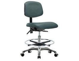 Clean Room ESD Ergonomic Chair, Vinyl, Bench Height, Blue, No Arms, Chrome Casters, Chrome Foot Ring