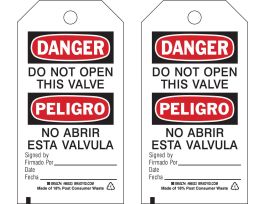 Bilingual Accident Prevention Tags: DANGER Do Not Open This Valve 5.75 x 3 10PK