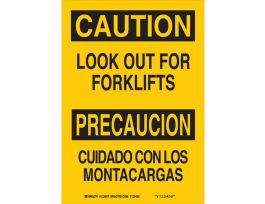 Bilingual CAUTION Look Out For Forklifts Sign, 14" H x 10" W x 0.035" D, Aluminum